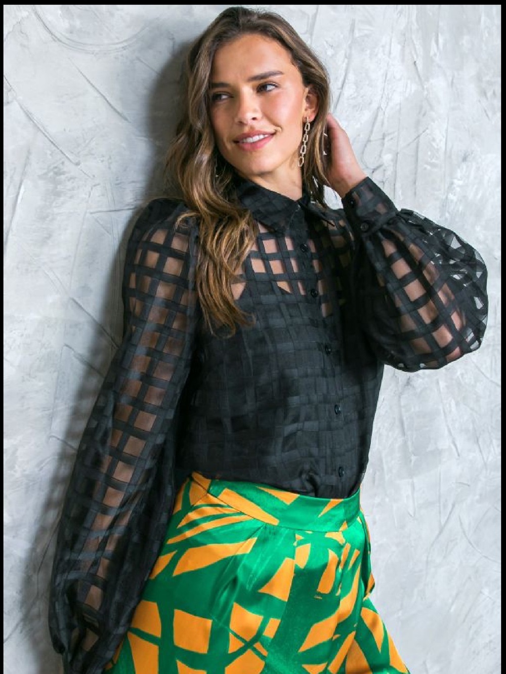 FLYING TOMATO JACQUARD Sheer Check Button-Up Blouse - Black ♥️♥️